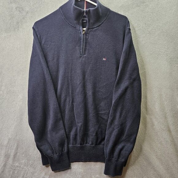 Tommy Hilfiger Sweater Mens Large Blue Knit 1/4 Zip Mock Neck Logo Pullover - Picture 1 of 9